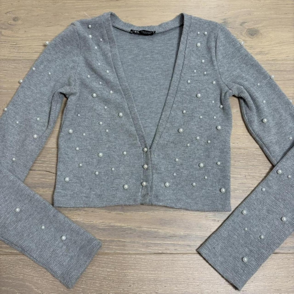 Zara Gray Cardigan with Pearl Details
